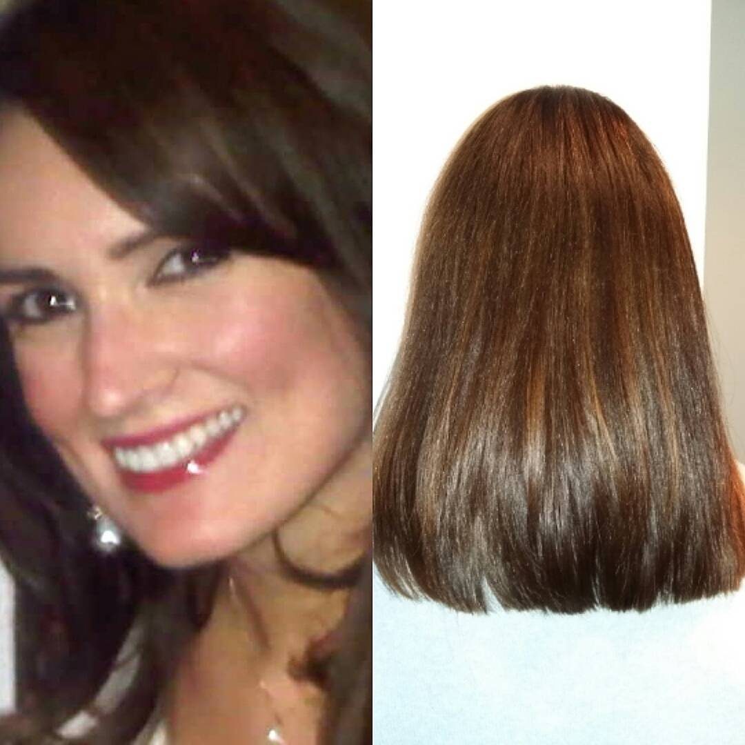Client with a sleek brunette cut, front and back